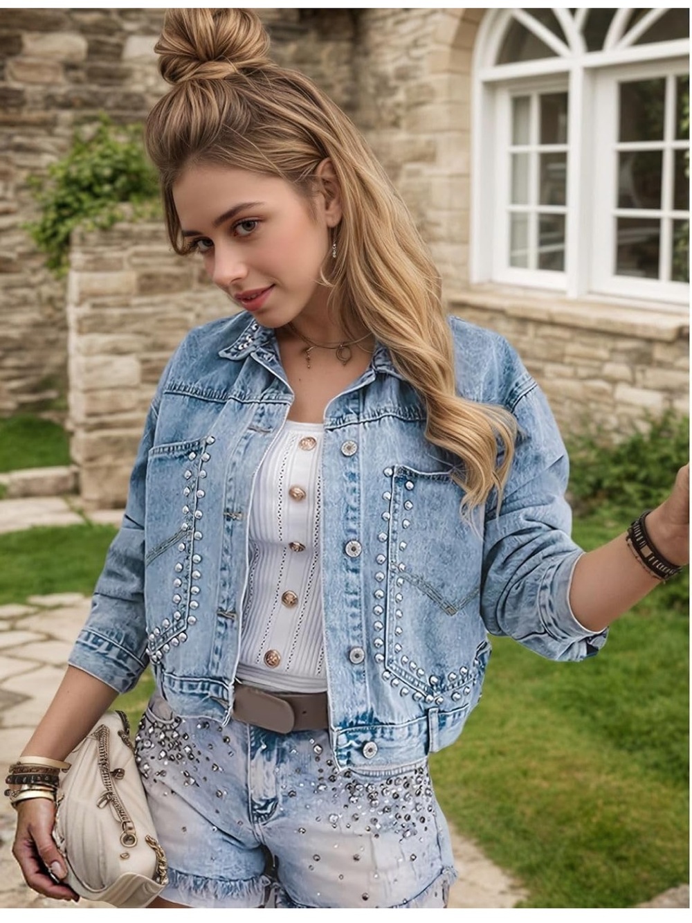 Light Wash Denim Jacket studded jean blazer long sleeve - Picture 4 of 6
